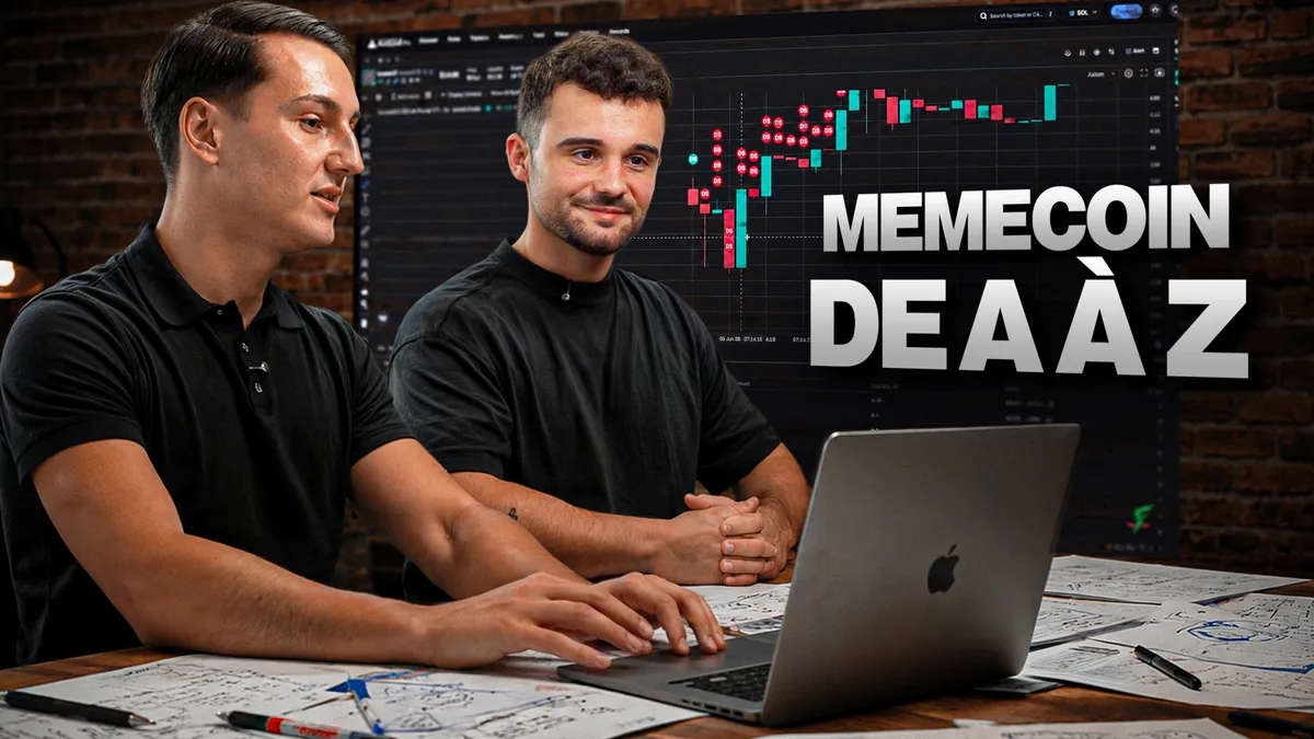 Fomo et Arthur devant les graphiques de la formation Memecoin de A à Z